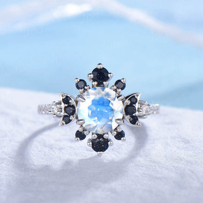 1ct Round Natural Rainbow Moonstone Moon Engagement Ring Cluster Blue Goldstone Ring Unique Half Eternity Moissanite Promise Wedding Ring