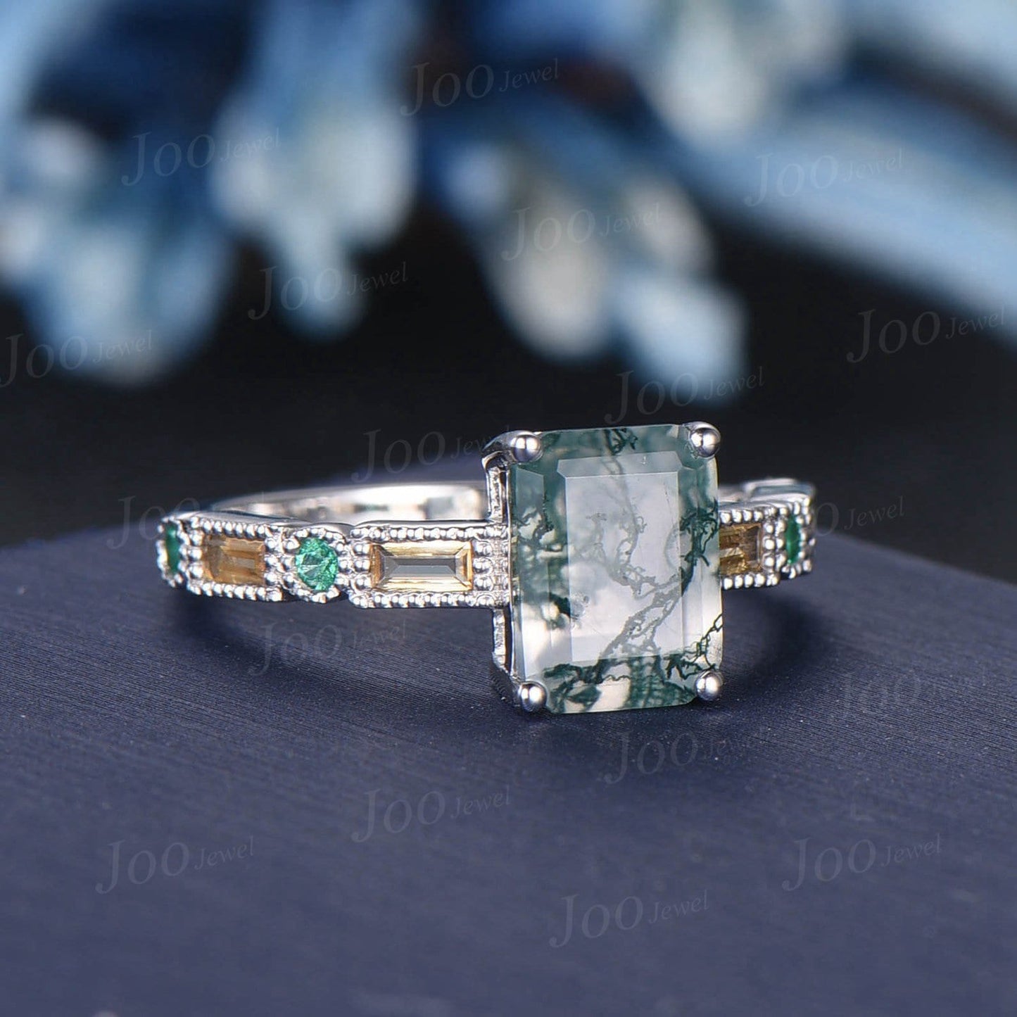 2ct Green Moss Agate Ring Emerald Cut Moss Engagement Ring Emerald Citrine Half Eternity Wedding Band Unique Promise Ring Anniversary Gifts