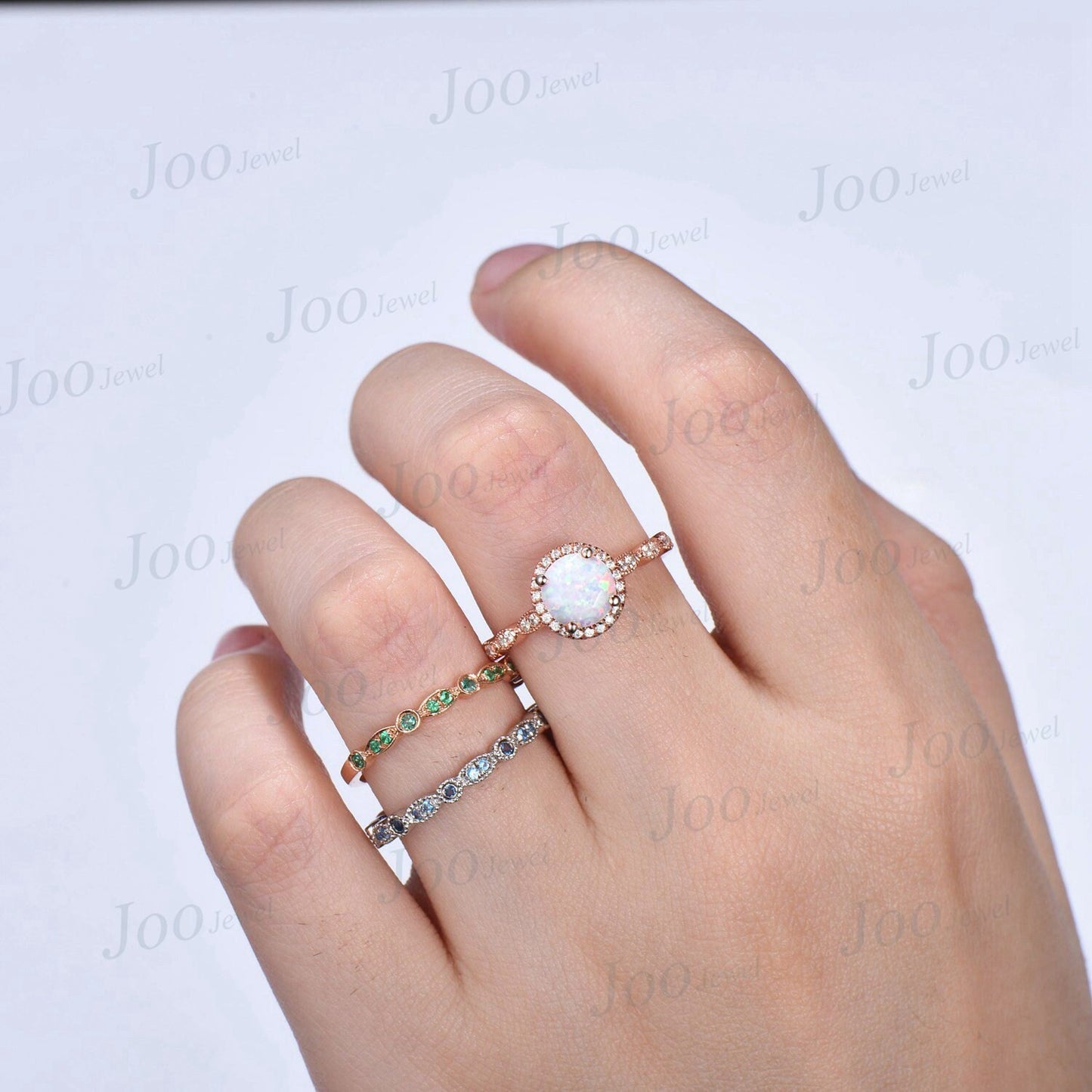 3pcs Round White Opal Halo Engagement Ring Set Vintage Milgrain Moissanite Emerald London Blue Topaz Wedding Band Half Eternity Wedding Ring