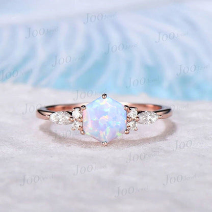 1ct Hexagon Cut White Opal Promise Rings Rose Gold Silver Fire Opal Wedding Ring October Birthstone Jewelry Unique Birthday/Anniversary Gift