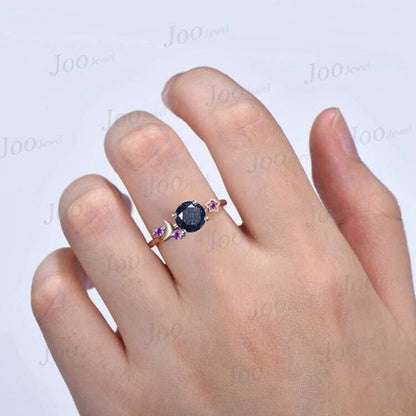 1ct Round Cut Galaxy Starry Night Blue Goldstone Ring Cluster Alexandrite Wedding Ring Moon Star Design Unique Promise Ring Birthday Gifts