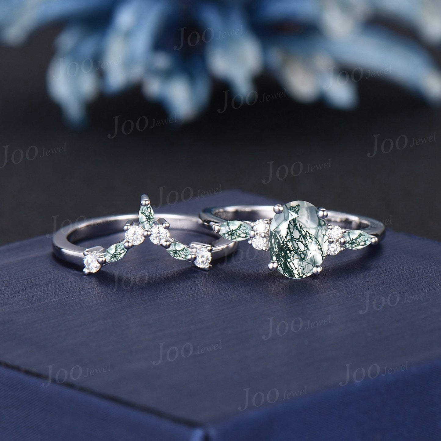 1.5ct Oval Cut Natural Moss Agate Engagement Ring Set 10K/14K/18K Rose Gold Moissanite Moss Agate Wedding Ring Set Women Unique Promise Ring