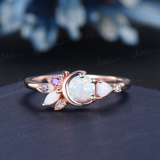 Unique 5mm Round Cut White Opal Cluster Wedding Ring Celestial Moon Rings Personalized Gift for Mom Handcrafted Family Ring with Birthstones