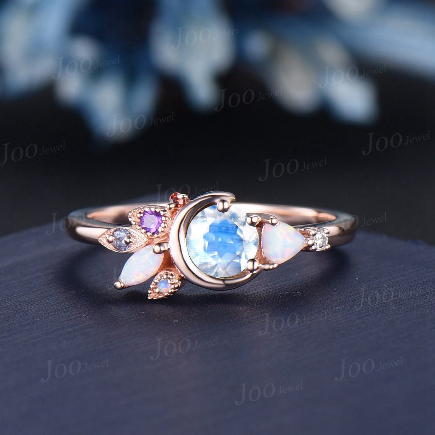 Unique 5mm Round Natural Rainbow Moonstone Opal Cluster Celestial Moon Wedding Ring Personalized Handcrafted June Birthstone Gifts for Mom