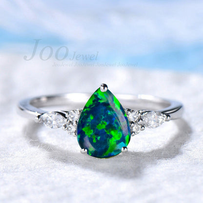 1.25ct Teardrop Black Fire Opal Wedding Promise Ring Rose Gold Silver Pear Black Opal Jewelry CZ Diamond Wedding Ring Unique Birthday Gifts