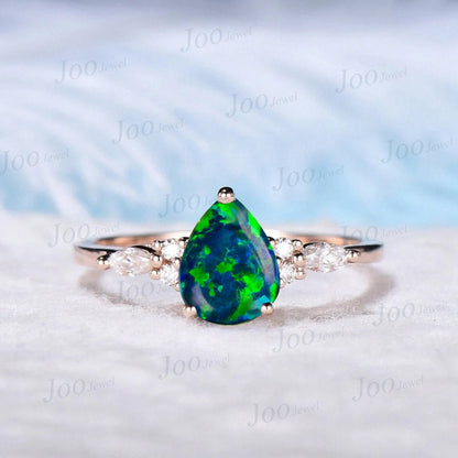 1.25ct Teardrop Black Fire Opal Wedding Promise Ring Rose Gold Silver Pear Black Opal Jewelry CZ Diamond Wedding Ring Unique Birthday Gifts