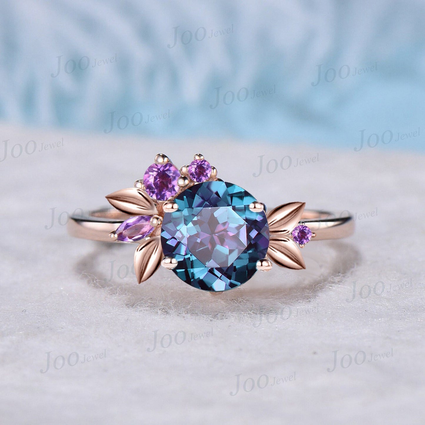 Nature Inspired Color-Change Alexandrite Engagement Ring 10K Rose Gold 1ct Round Cut Alexandrite Amethyst Cluster Leaf Wedding Promise Gifts