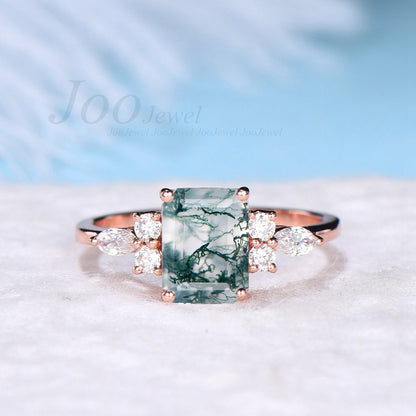 1.5ct Oval Natural Green Moss Agate Engagement Ring Rose Gold Cluster Aquatic Agate Promise Ring Woman Marquise Cut CZ Diamond Wedding Ring