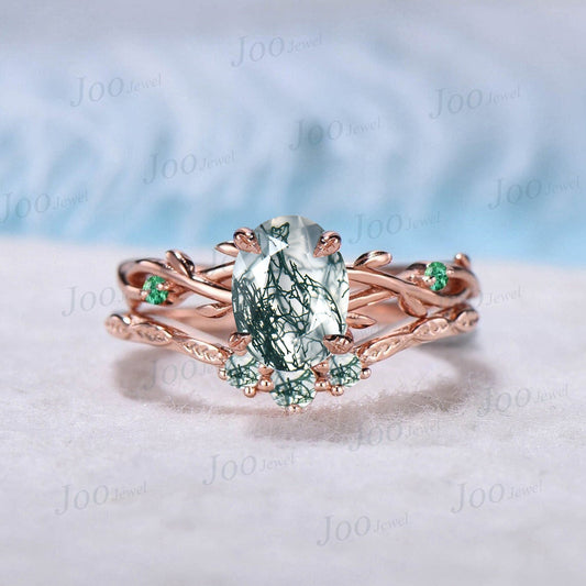 1.5ct Oval Cut Nature Inspired Twig Moss Agate Engagement Ring Set Green Gemstone Jewelry  Branch Vine Green Emerald Moss Agate Bridal Set