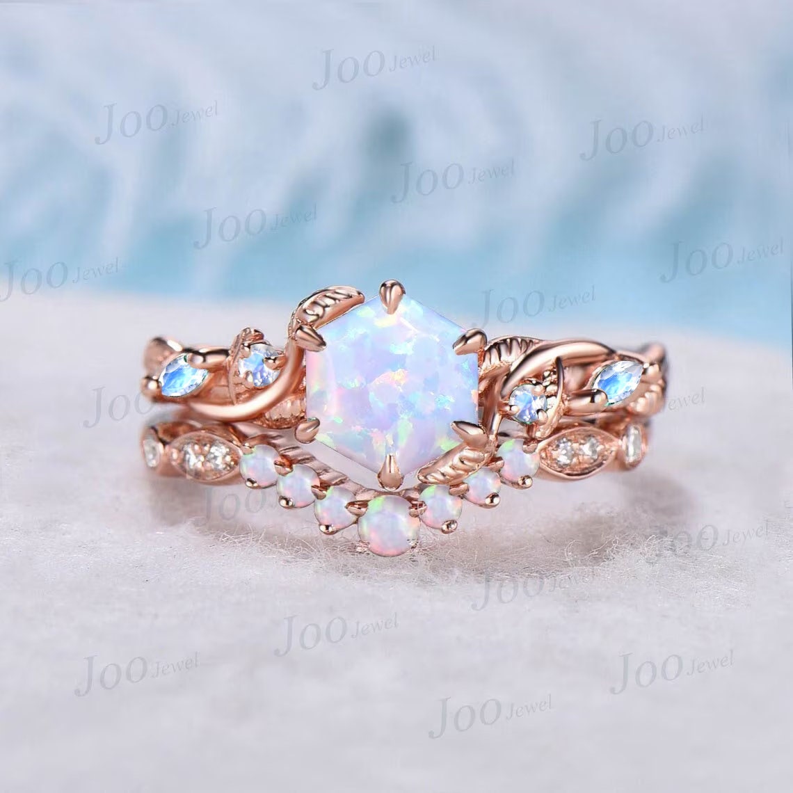 Twig Branch White Opal Ring Set 10K Rose Gold 1.5ct Oval Cut Nature Opal Moonstone Engagement Ring Opal Wedding Band October Birthstone Gift