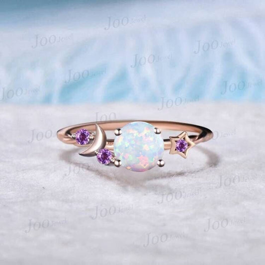 1ct Round White Opal Ring Moon Star Cluster Amethyst Ring I LOVE YOU To The Moon And Back October Birthstone Gift Asymmetrical Promise Rings