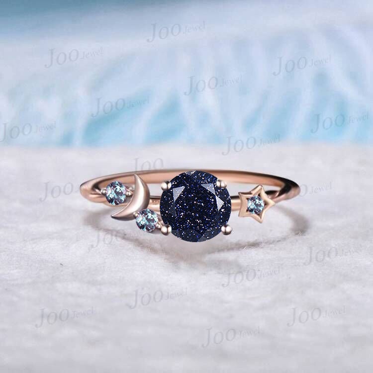 1ct Round Cut Galaxy Starry Night Blue Goldstone Ring Cluster Alexandrite Wedding Ring Moon Star Design Unique Promise Ring Birthday Gifts