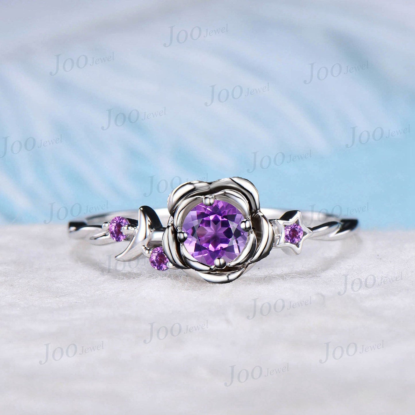 Nature Inspired 5mm Round Natural Amethyst Ring Rose Flower Wedding Ring Cluster Amethyst Moon Star Proposal Ring Unique Birthday/Lover Gift