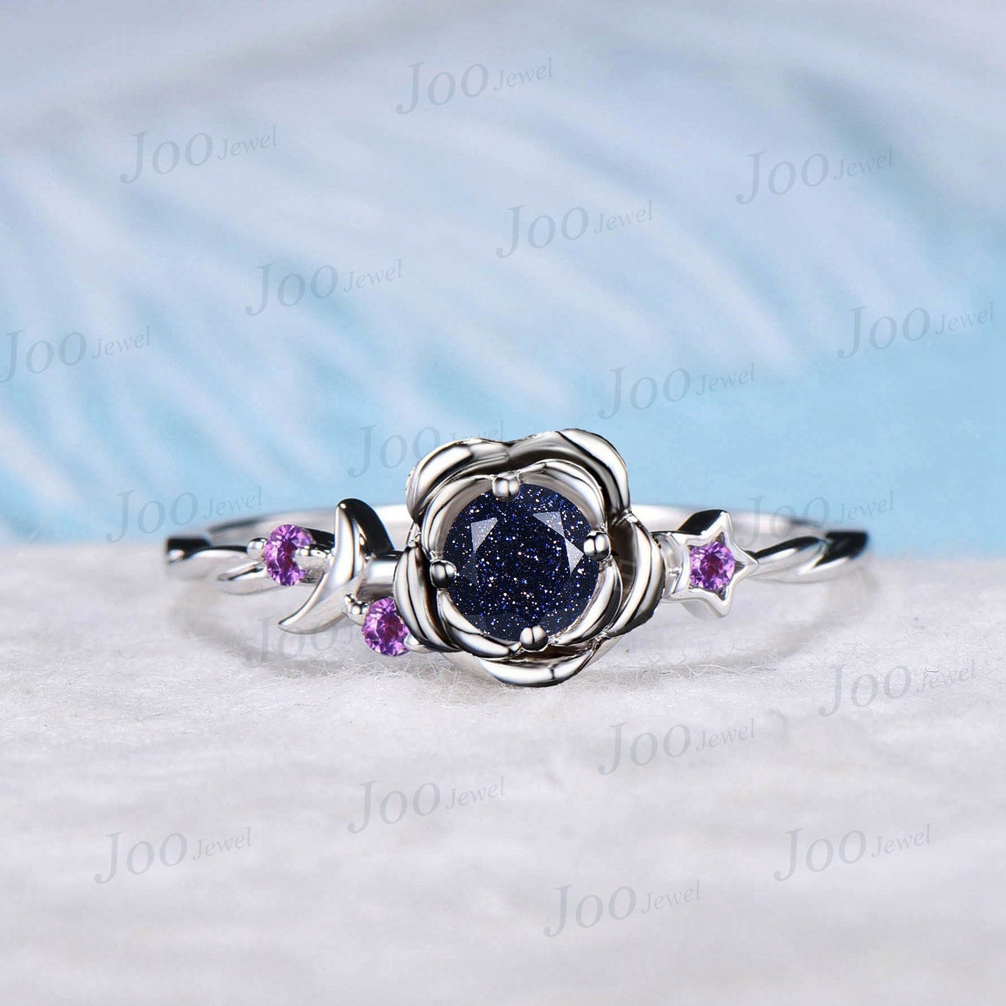 Rose Flower Round Galaxy Blue Sandstone Ring Nature Inspired Blue Goldstone Wedding Ring Cluster Amethyst Moon Star Design Proposal Rings
