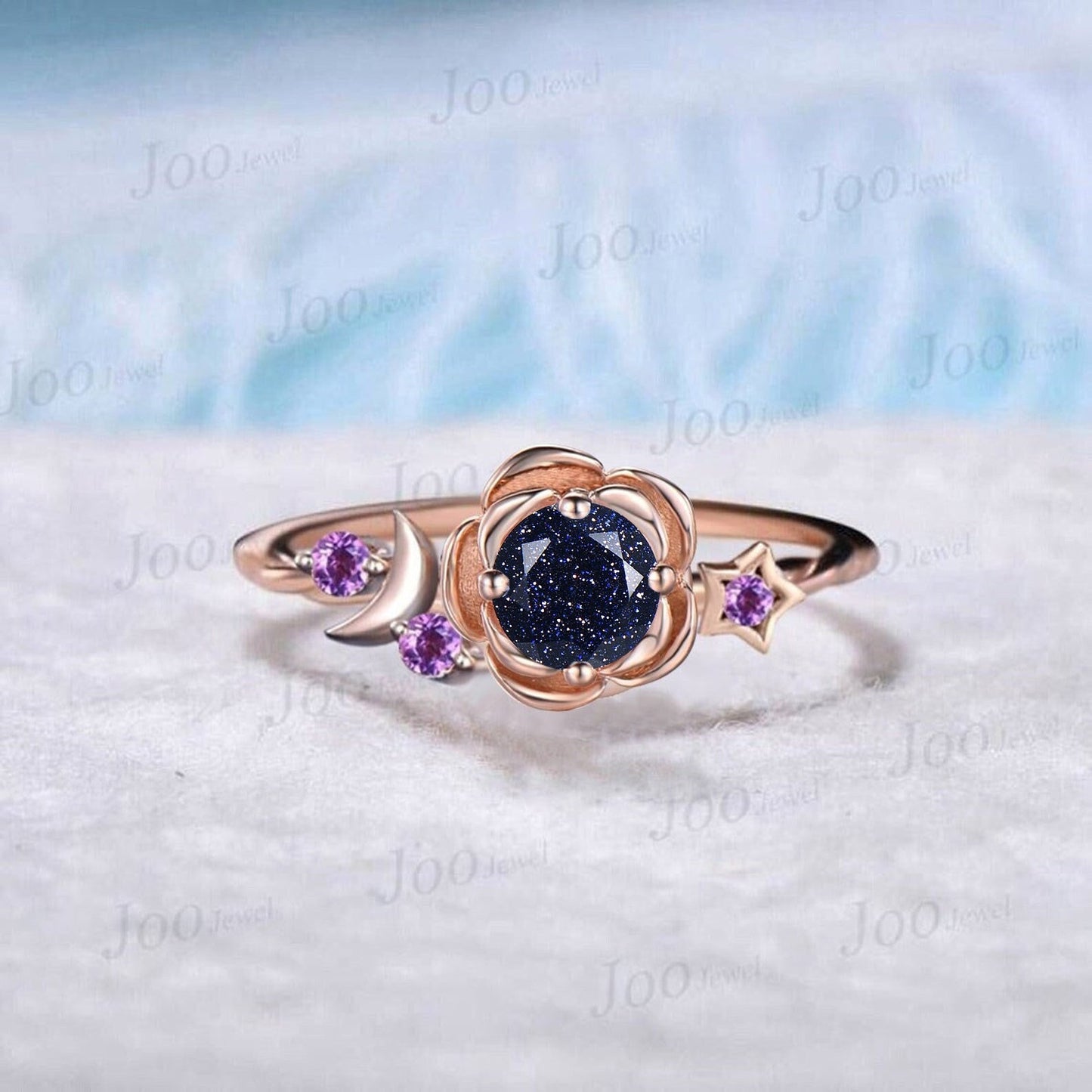 Rose Flower Round Galaxy Blue Sandstone Ring Nature Inspired Blue Goldstone Wedding Ring Cluster Amethyst Moon Star Design Proposal Rings