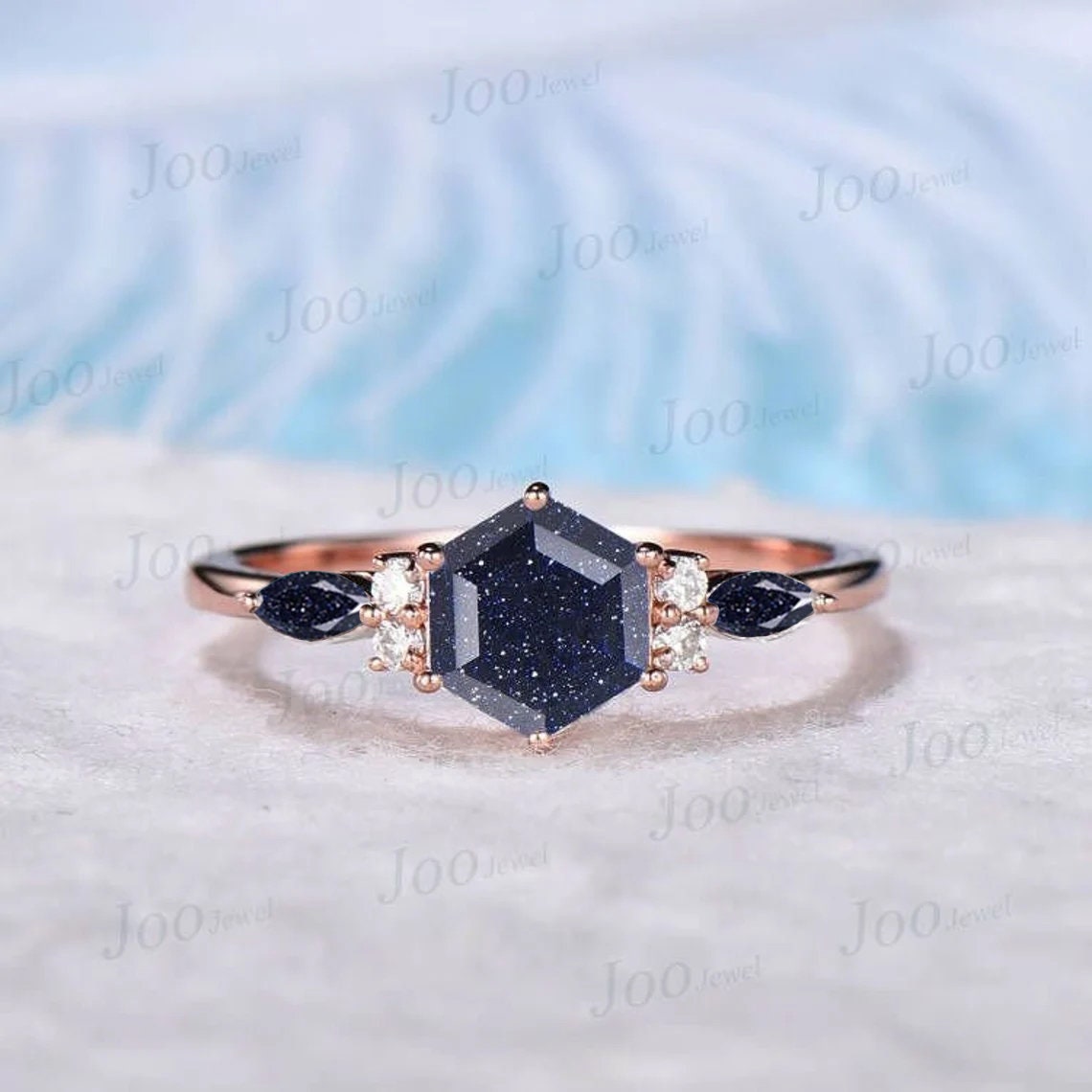 2ct Emerald Cut Galaxy Starry Sky Blue Sandstone Ring Marquise Blue Goldstone Moissanite Ring Personalized Handcrafted Promise Ring for Her