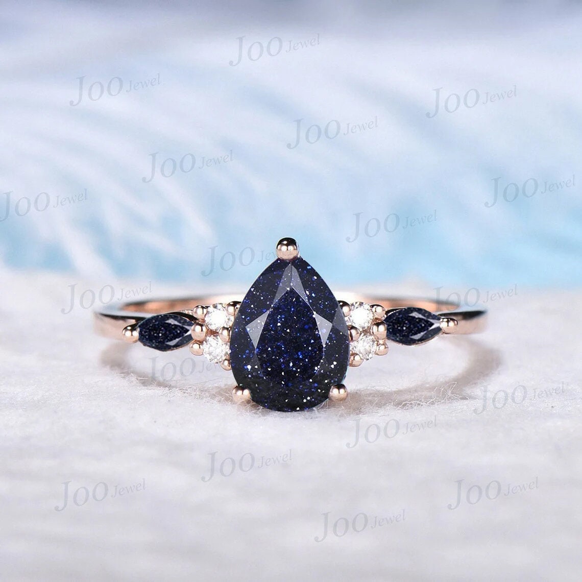 2ct Emerald Cut Galaxy Starry Sky Blue Sandstone Ring Marquise Blue Goldstone Moissanite Ring Personalized Handcrafted Promise Ring for Her