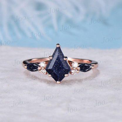 2ct Emerald Cut Galaxy Starry Sky Blue Sandstone Ring Marquise Blue Goldstone Moissanite Ring Personalized Handcrafted Promise Ring for Her