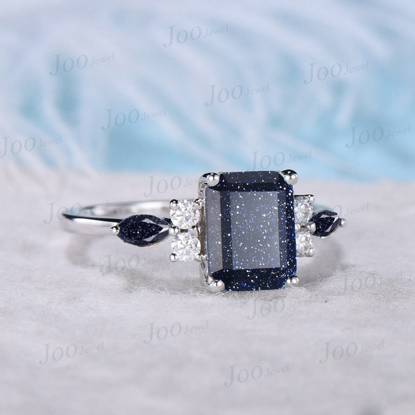 2ct Emerald Cut Galaxy Starry Sky Blue Sandstone Ring Marquise Blue Goldstone Moissanite Ring Personalized Handcrafted Promise Ring for Her