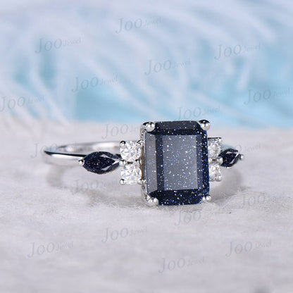 2ct Emerald Cut Galaxy Starry Sky Blue Sandstone Ring Marquise Blue Goldstone Moissanite Ring Personalized Handcrafted Promise Ring for Her