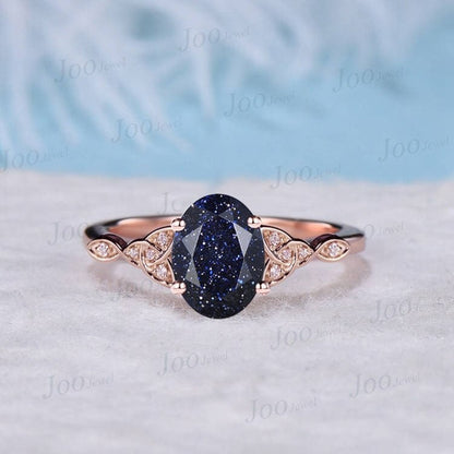 1.5ct Oval Cut Galaxy Blue Sandstone Celtic Engagement Ring Blue Gemstone Jewelry Trinity Knot Wedding Ring Moissanite Irish Amulet Jewelry