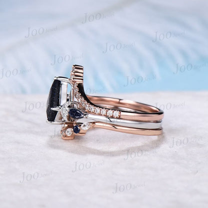 Kite Cut Galaxy Starry Sky Blue Sandstone Promise Ring Set Sterling Silver Blue Goldstone Moissanite Wedding Ring Vintage Blue Gemstone Ring