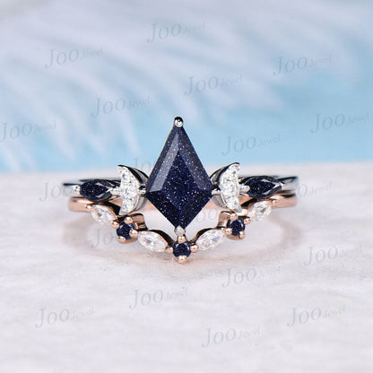 Kite Cut Galaxy Starry Sky Blue Sandstone Promise Ring Set Sterling Silver Blue Goldstone Moissanite Wedding Ring Vintage Blue Gemstone Ring