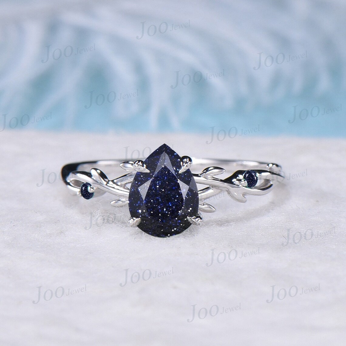 1.25ct Teardrop Nature Inspired Galaxy Blue Goldstone Engagement Ring Set Blue Gemstone Jewelry Twig Branch Vine Blue Sandstone Wedding Ring