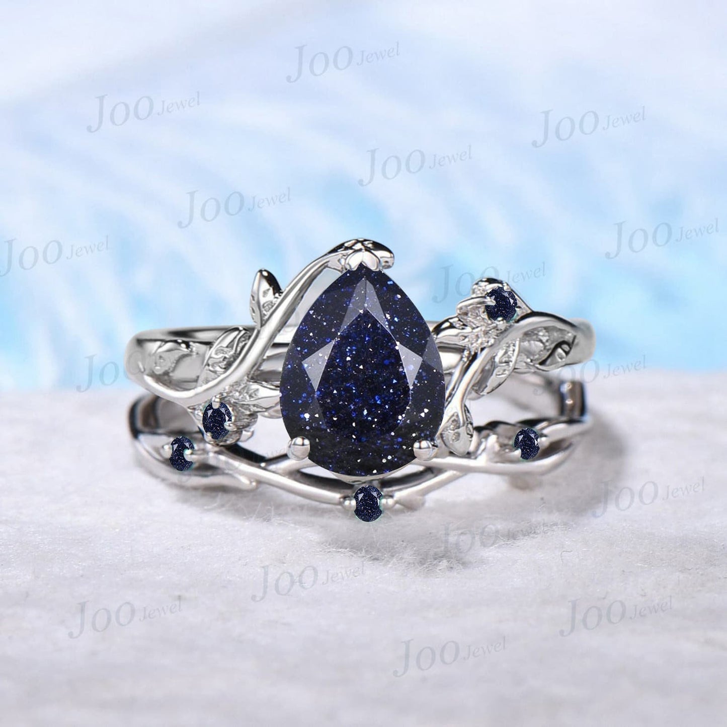 1.25ct Nature Inspired Pear Shaped Galaxy Blue Sandstone Ring Set Leaf Twig Ring Set Blue Goldstone Vine Wedding Band Unique Engagement Gift