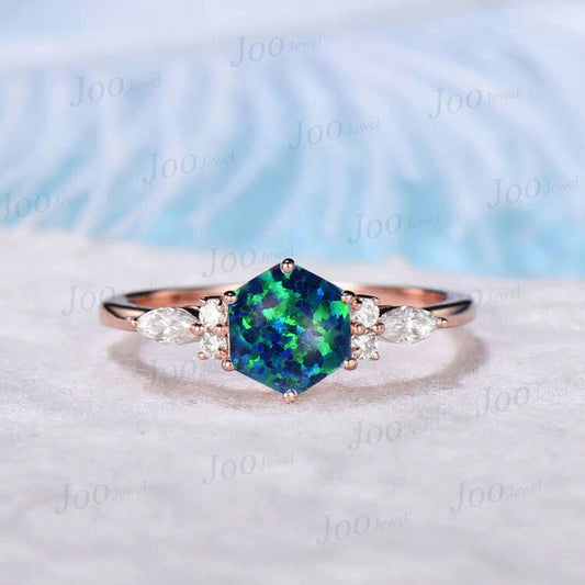 1ct Hexagon Black Fire Opal Wedding Promise Ring Rose Gold Sterling Silver Black Opal Jewelry CZ Diamond Wedding Ring Unique Birthday Gifts