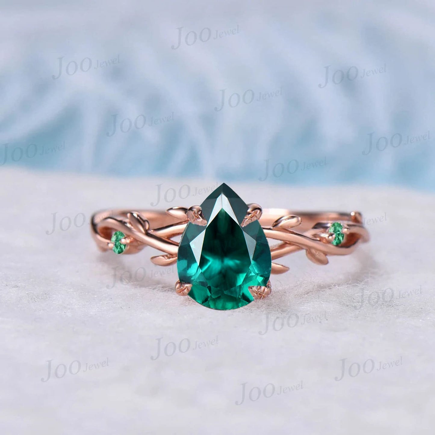 Nature Inspired Pear Shaped Green Emerald Engagement Ring Set 1.25ct Twig Branch Vine Emerald Moss Agate Wedding Band Teardrop Emerald Ring