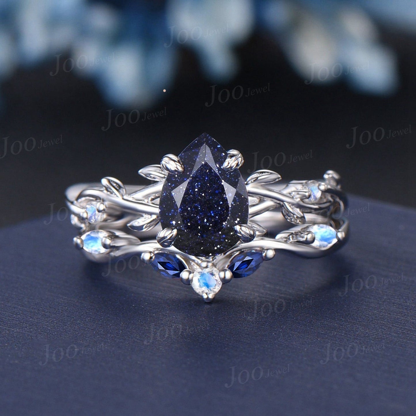 1.25ct Nature Inspired Pear Galaxy Blue Sandstone Moonstone Bridal Set Unique Twig Vine Teardrop Blue Goldstone Alexandrite Wedding Ring