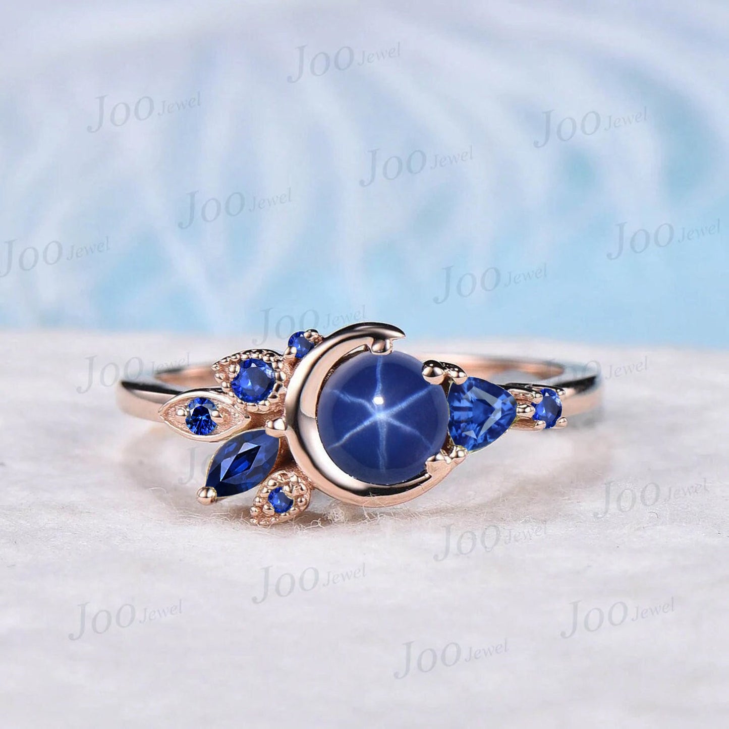 5mm Round Star Sapphire Engagement Ring Moon Blue Sapphire Wedding Ring Cluster Star Blue Engagement Ring Unique Personalized Promise Ring