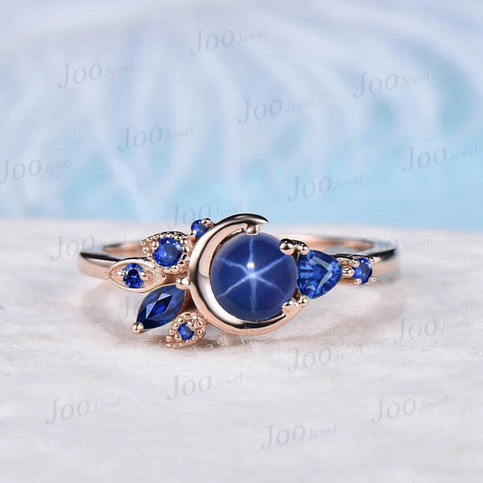 5mm Round Star Sapphire Engagement Ring Moon Blue Sapphire Wedding Ring Cluster Star Blue Engagement Ring Unique Personalized Promise Ring