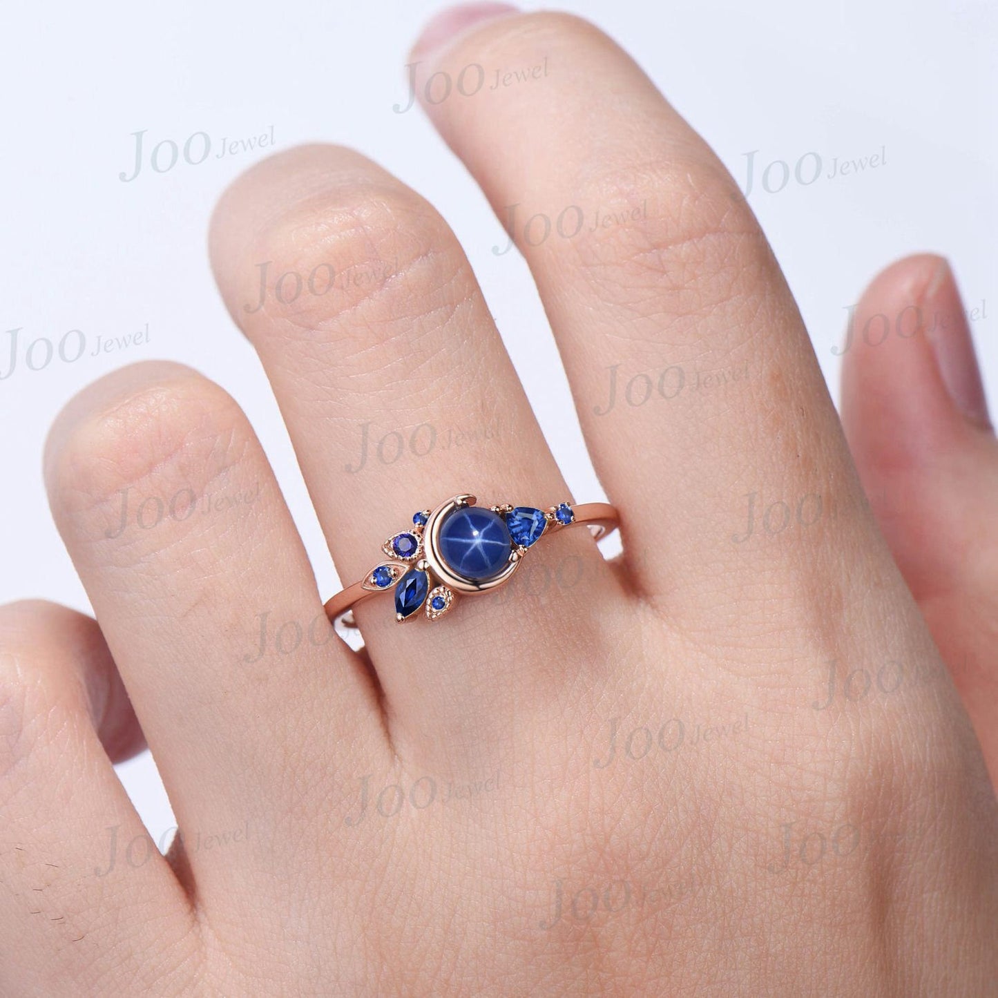 5mm Round Star Sapphire Engagement Ring Moon Blue Sapphire Wedding Ring Cluster Star Blue Engagement Ring Unique Personalized Promise Ring
