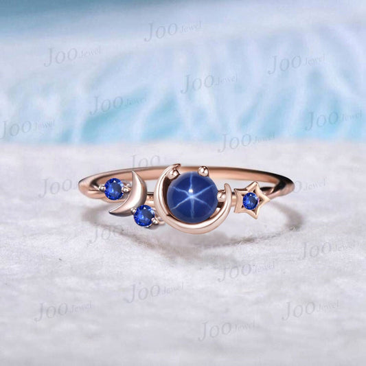 Star Blue Sapphire Engagement Ring Unique 5mm Round Star Blue Wedding Rings Rose Gold Celestial Moon Blue Sapphire Ring Unique Promise Gifts