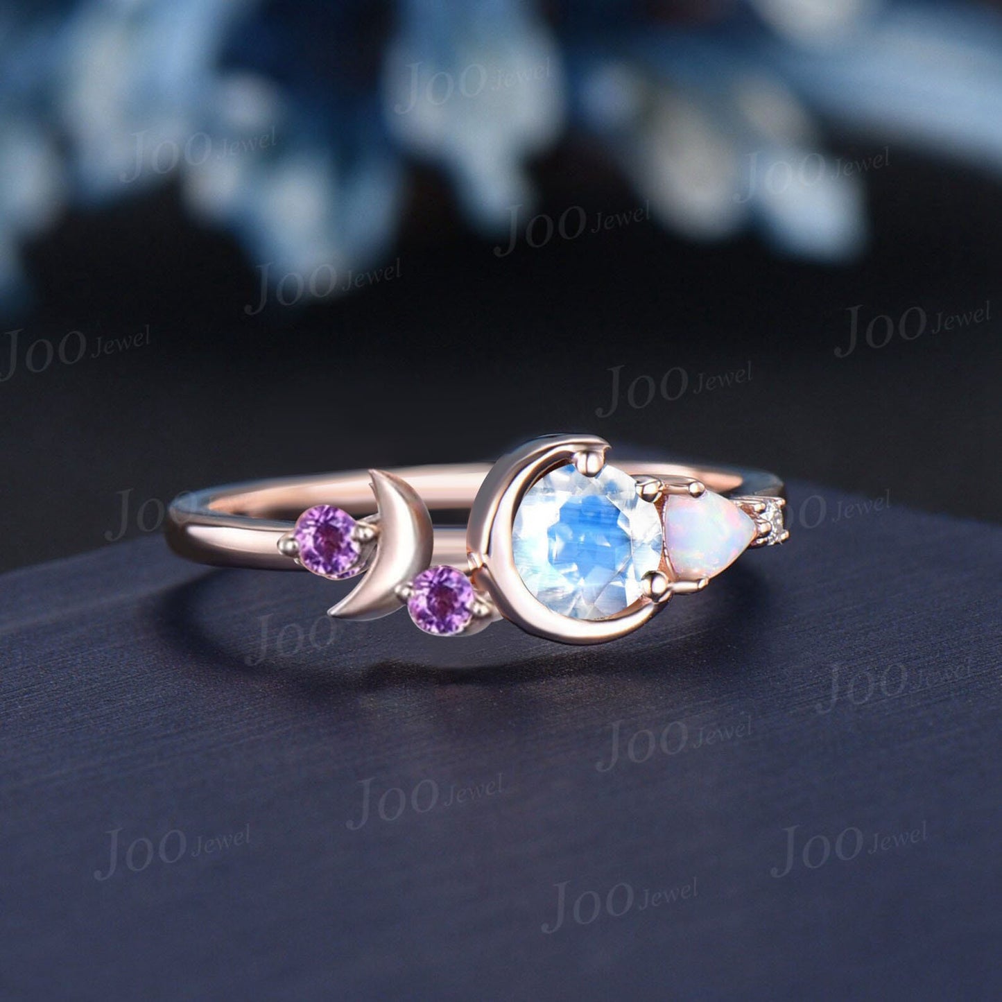 5mm Round Natural Rainbow Moonstone Opal Ring Cluster Amethyst Celestial Moon Wedding Ring Personalized Handcrafted June Birthstone Gifts