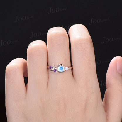 5mm Round Natural Rainbow Moonstone Opal Ring Cluster Amethyst Celestial Moon Wedding Ring Personalized Handcrafted June Birthstone Gifts