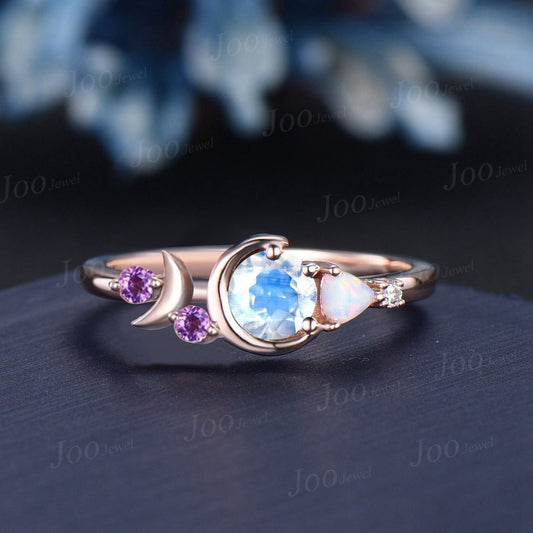 5mm Round Natural Rainbow Moonstone Opal Ring Cluster Amethyst Celestial Moon Wedding Ring Personalized Handcrafted June Birthstone Gifts