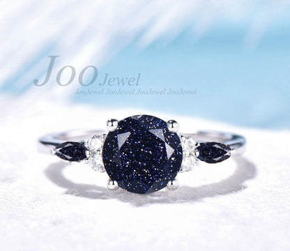 2ct Emerald Cut Galaxy Starry Sky Blue Sandstone Ring Marquise Blue Goldstone Moissanite Ring Personalized Handcrafted Promise Ring for Her