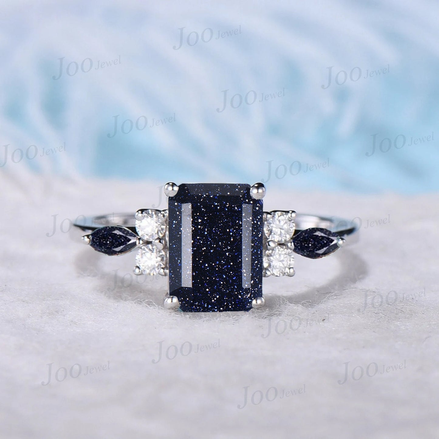 2ct Emerald Cut Galaxy Starry Sky Blue Sandstone Ring Marquise Blue Goldstone Moissanite Ring Personalized Handcrafted Promise Ring for Her