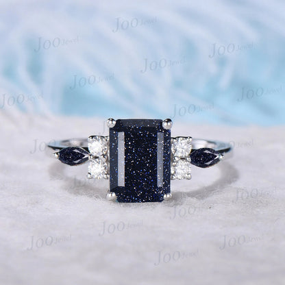 2ct Emerald Cut Galaxy Starry Sky Blue Sandstone Ring Marquise Blue Goldstone Moissanite Ring Personalized Handcrafted Promise Ring for Her