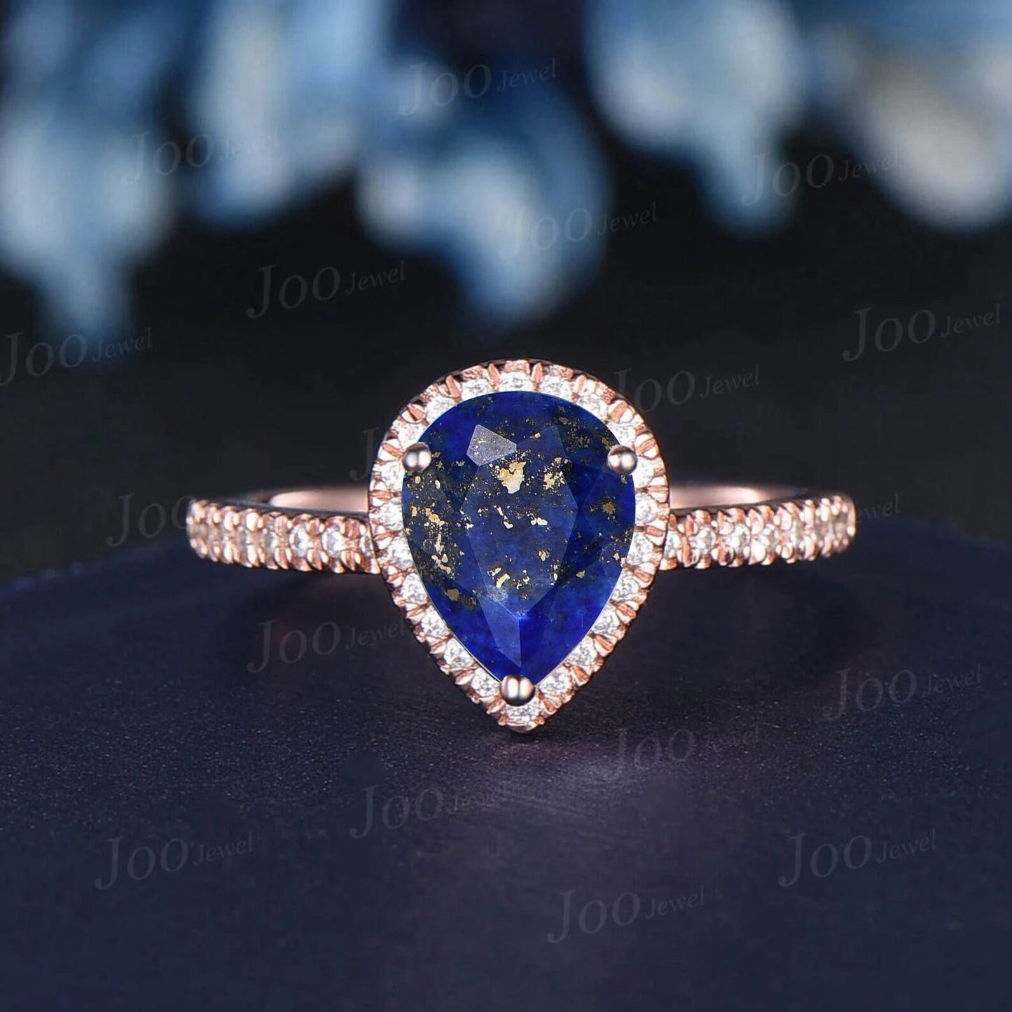 1.25ct Teardrop Cut Natural Lapis Lazuli & Black Onyx Ring Set Cluster Open Band Halo Moissanite Ring Half Eternity Lapis Gold Promise Rings