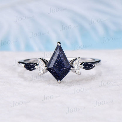 Kite Cut Galaxy Starry Sky Blue Sandstone Promise Ring Set Sterling Silver Blue Goldstone Moissanite Wedding Ring Vintage Blue Gemstone Ring