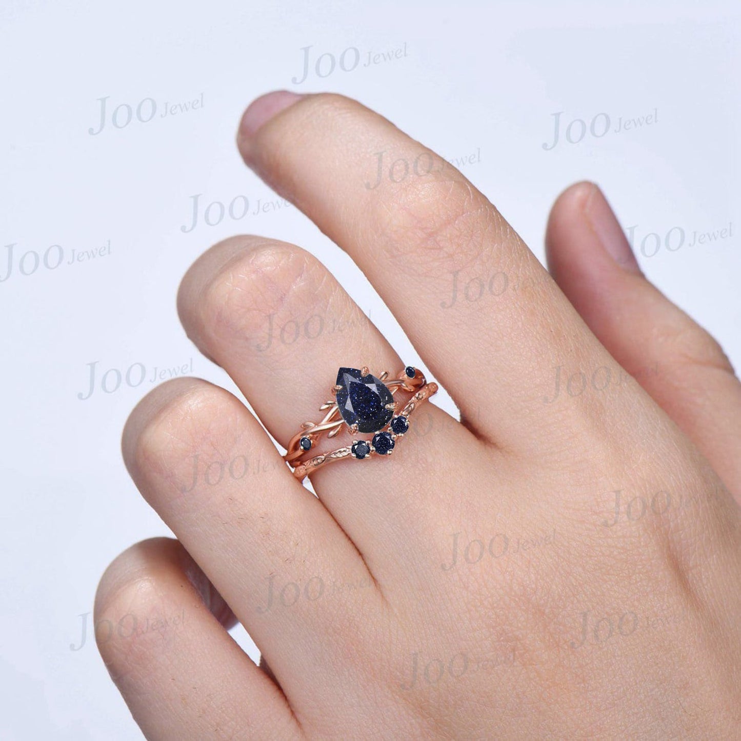 1.25ct Teardrop Nature Inspired Galaxy Blue Goldstone Engagement Ring Set Blue Gemstone Jewelry Twig Branch Vine Blue Sandstone Wedding Ring