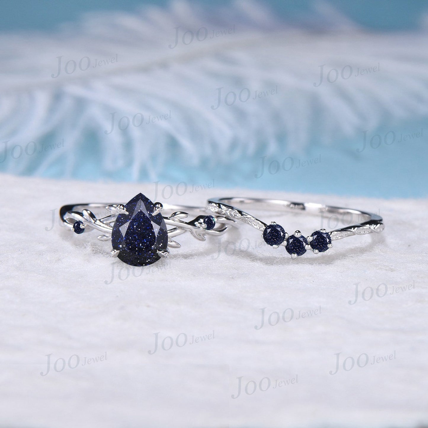 1.25ct Teardrop Nature Inspired Galaxy Blue Goldstone Engagement Ring Set Blue Gemstone Jewelry Twig Branch Vine Blue Sandstone Wedding Ring