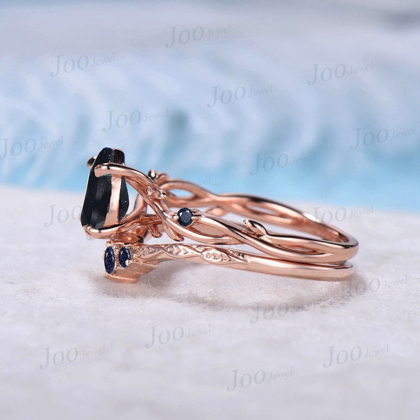 1.25ct Teardrop Nature Inspired Galaxy Blue Goldstone Engagement Ring Set Blue Gemstone Jewelry Twig Branch Vine Blue Sandstone Wedding Ring