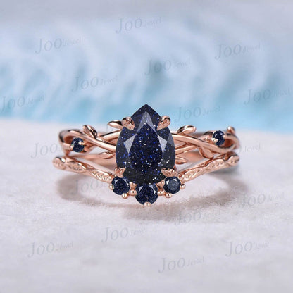 1.25ct Teardrop Nature Inspired Galaxy Blue Goldstone Engagement Ring Set Blue Gemstone Jewelry Twig Branch Vine Blue Sandstone Wedding Ring