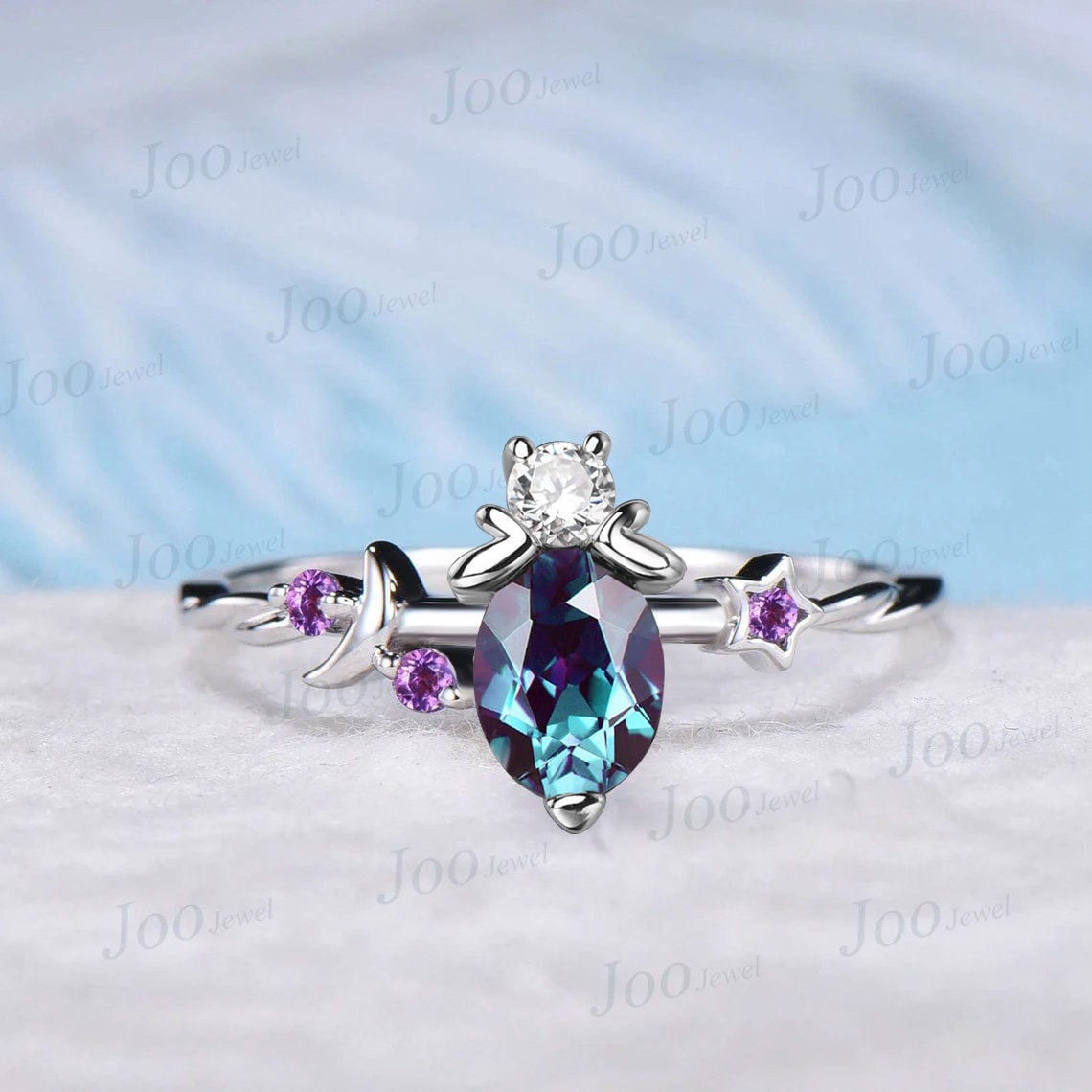 Unique Honey Bee Alexandrite Engagement Ring Moon Star Cluster Purple Amethyst Ring June Birthstone Jewelry Gift Asymmetrical Promise Rings