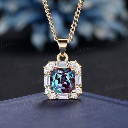 Cushion Cut Alexandrite Pendant Necklace Women Solid 14K/18K Gold Color-Change Gemstone Pendant June Birthstone Birthday/Anniversary Gifts